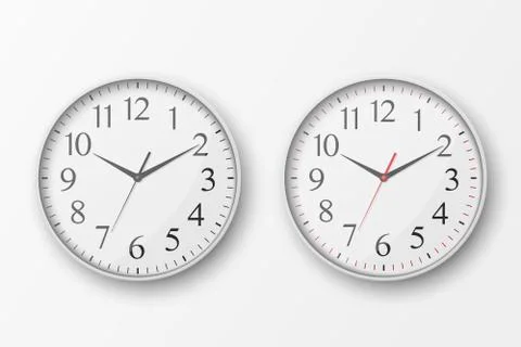Vector 3d Realistic Simple Round White Wall Office Clock with White Dial Icon Stock Illustration