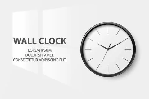 Vector 3d Realistic Simple Round Black Wall Office Clock with White Dial Closeup Stock Illustration