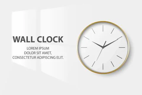 Vector 3d Realistic Simple Round Golden Wall Office Clock with White Dial Stock Illustration