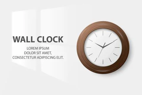 Vector 3d Realistic Simple Round Brown Wooden Wall Office Clock with White Dial Stock Illustration