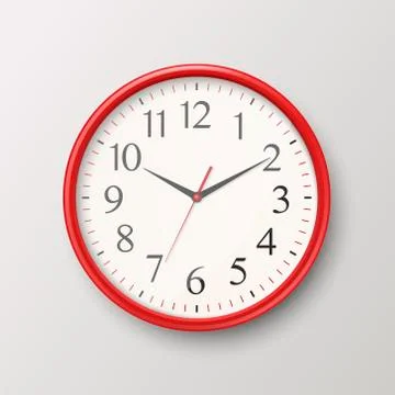 Vector 3d Realistic Simple Round Red Wall Office Clock with White Dial Icon Stock Illustration