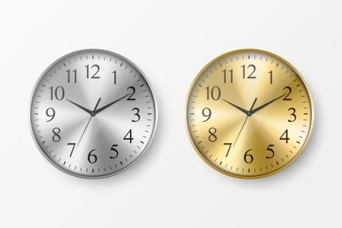 Vector 3d Realistic Simple Round Silver and Golden Wall Office Clock Icon Set Stock Illustration