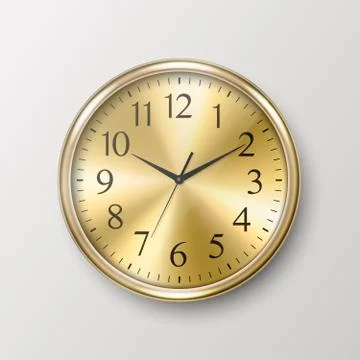 Vector 3d Realistic Simple Round Golden Wall Office Clock Icon Closeup Isolated Stock Illustration