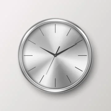 Vector 3d Realistic Simple Round Silver Chrome Wall Office Clock Icon Closeup Stock Illustration