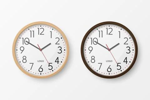 Vector 3d Realistic Simple Round Brown Wooden Wall Office Clock with White Dial イラスト素材