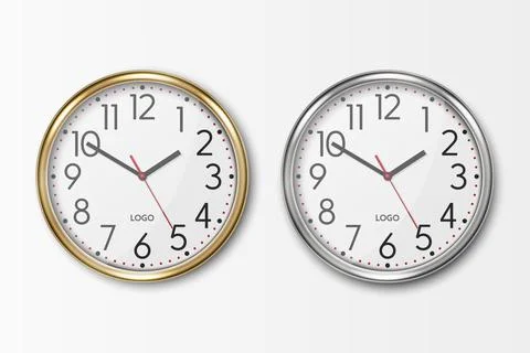 Vector 3d Realistic Simple Round Yellow Golden and Gray Silver Wall Office Clock 스톡 일러스트