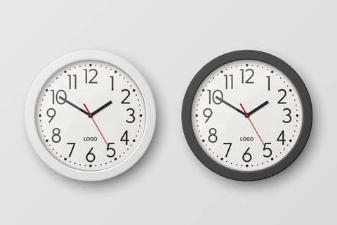 Vector 3d Realistic Simple Round White and Black Wall Office Clock with White Stock Illustration