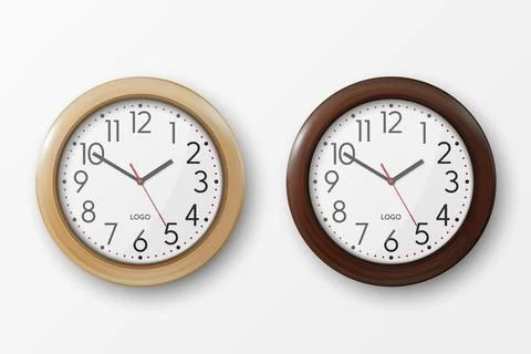 Vector 3d Realistic Simple Round Brown Wooden Wall Office Clock with White Dial Stock Illustration
