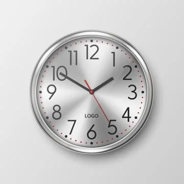 Vector 3d Realistic Simple Round Gray Silver Wall Office Clock with Steel or Stock Illustration