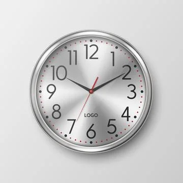 Vector 3d Realistic Simple Round Gray Silver Wall Office Clock with White Dial Stock Illustration