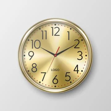 Vector 3d Realistic Simple Round Yellow Golden Wall Office Clock with Yellow Stock Illustration