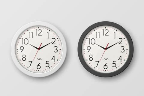 Vector 3d Realistic Simple Round White and Black Wall Office Clock with White Stock Illustration