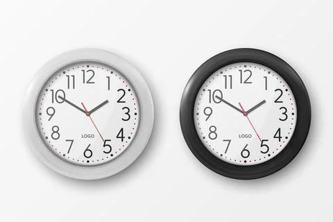 Vector 3d Realistic Simple Round White and Black Wall Office Clock with White Stock Illustration