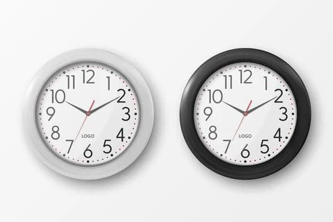 Vector 3d Realistic Simple Round White and Black Wall Office Clock with White 스톡 일러스트