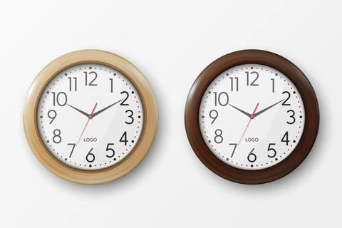Vector 3d Realistic Simple Round Brown Wall Office Clock with White Dial Icon Stock Illustration