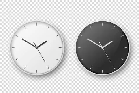 Vector 3d Realistic Simple White Round Wall Office Clock Set. White and Black Stock Illustration