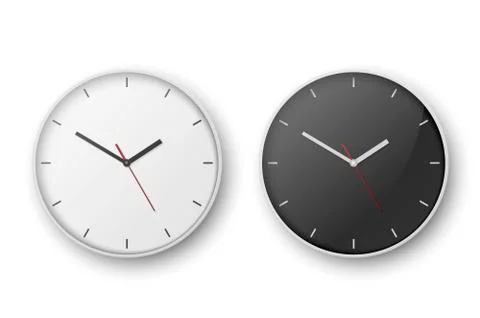 Vector 3d Realistic Simple White Round Wall Office Clock Set. White and Black 스톡 일러스트