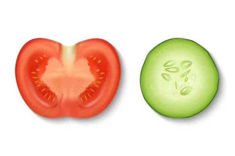 Vector 3d realistic slice juicy cucumber and tomato in a cut icon set closeup Stock Illustration