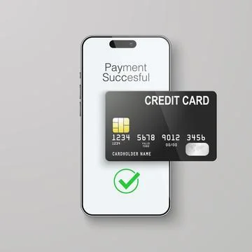 Vector 3d Realistic Smartphone and Credit Card, Wi-Fi Successful Payment Stock Illustration