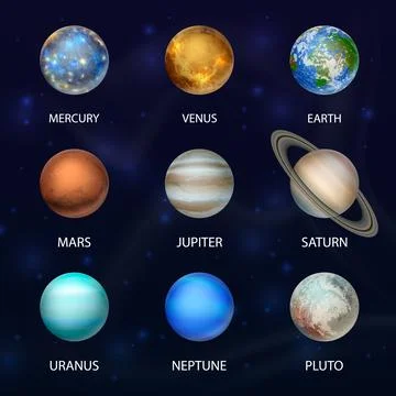 Vector 3d Realistic Space Planet Icon Set on Dark Starry Sky Background. The 스톡 일러스트