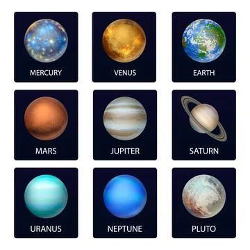 Vector 3d Realistic Space Planet Card, Icon Set. The Planets of the Solar System Stock Illustration