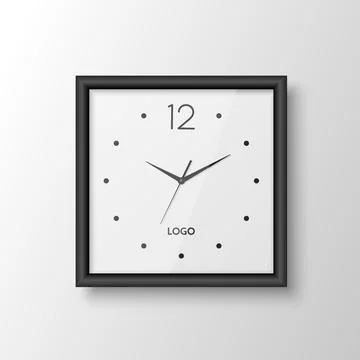 Vector 3d Realistic Square Wall Office Clock with Black Frame, Design Template Stock Illustration