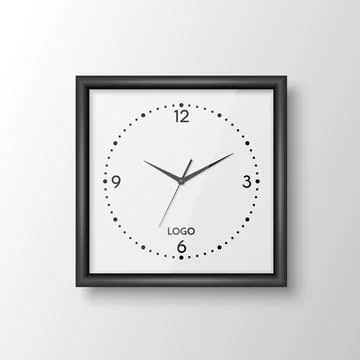 Vector 3d Realistic Square Wall Office Clock with Black Frame, Design Template Stock Illustration