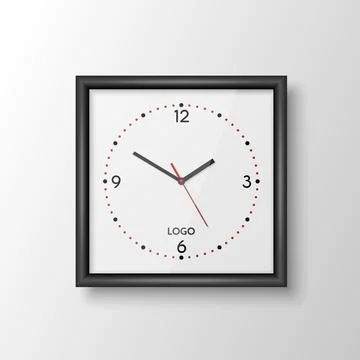 Vector 3d Realistic Square Wall Office Clock with Black Frame, Design Template Stock Illustration