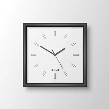 Vector 3d Realistic Square Wall Office Clock with Black Frame, Design Template 스톡 일러스트