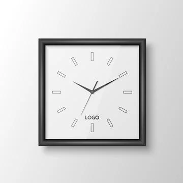 Vector 3d Realistic Square Wall Office Clock with Black Frame, Design Template Stock Illustration