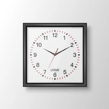 Vector 3d Realistic Square Wall Office Clock with Black Frame, Design Template Stock Illustration