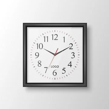 Vector 3d Realistic Square Wall Office Clock with Black Frame, Design Template Stock Illustration