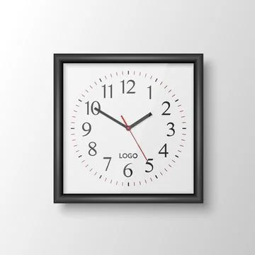 Vector 3d Realistic Square Wall Office Clock with Black Frame, Design Template Stock Illustration