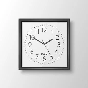 Vector 3d Realistic Square Wall Office Clock with Black Frame, Design Template 스톡 일러스트