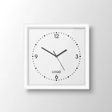 Vector 3d Realistic Square White Wall Office Clock Design Template Isolated on Stock Illustration