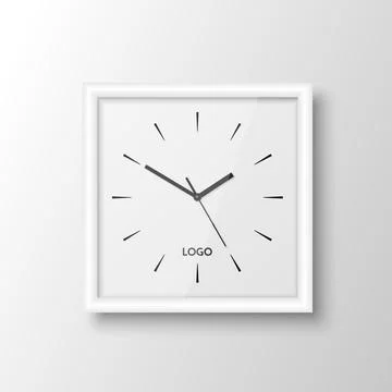 Vector 3d Realistic Square White Wall Office Clock Design Template Isolated on Stock Illustration