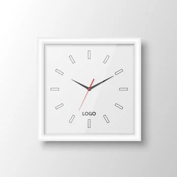 Vector 3d Realistic Square White Wall Office Clock Design Template Isolated on Stock Illustration