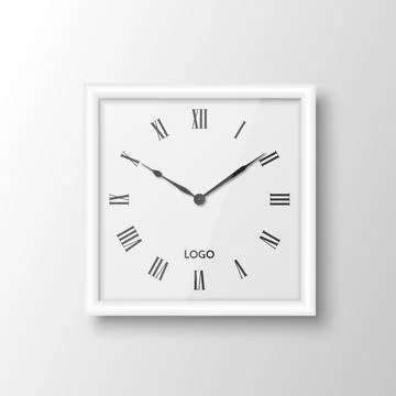 Vector 3d Realistic Square White Wall Office Clock Design Template Isolated on Stock Illustration