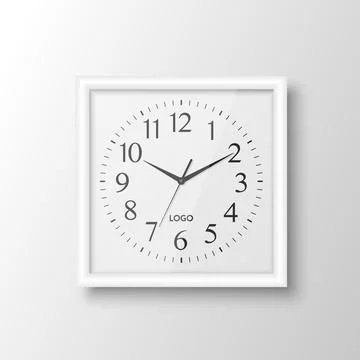Vector 3d Realistic Square White Wall Office Clock Design Template Isolated on Illustrazione stock