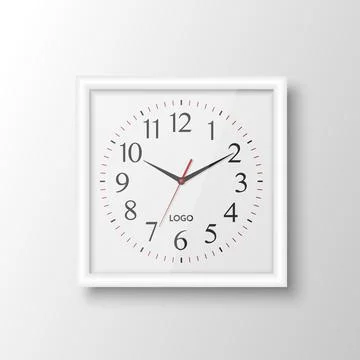 Vector 3d Realistic Square White Wall Office Clock Design Template Isolated on Stock Illustration