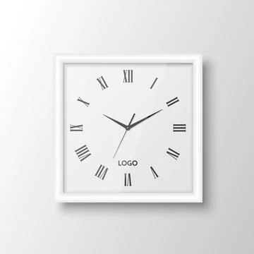Vector 3d Realistic Square White Wall Office Clock Design Template Isolated on Stock Illustration