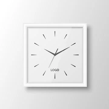 Vector 3d Realistic Square White Wall Office Clock Design Template Isolated on Stock Illustration