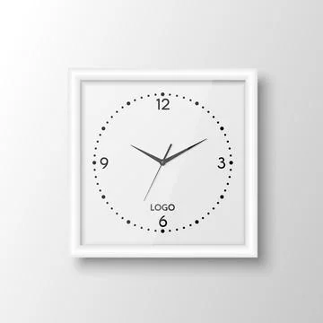 Vector 3d Realistic Square White Wall Office Clock Design Template Isolated on Stock Illustration