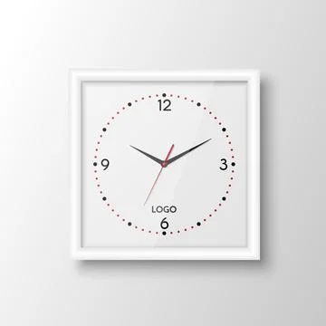 Vector 3d Realistic Square White Wall Office Clock Design Template Isolated on イラスト素材