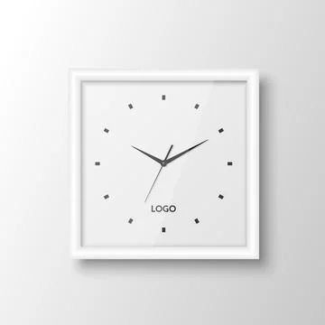 Vector 3d Realistic Square White Wall Office Clock Design Template Isolated on Stock Illustration