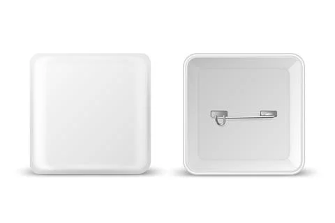 Vector 3d Realistic Square White Metal, Plastic Blank Empty Button Badge Icon Stock Illustration