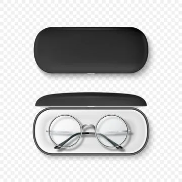 Vector 3D Realistic Steel Silver Gray Color Frame Glasses and Black Case Set Stock Illustration