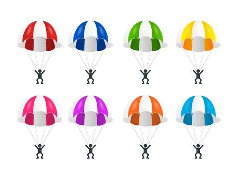 Vector 3d Realistic Striped Parachute with Skydiver Set Isolated. Parachute Jump Illustrazione stock