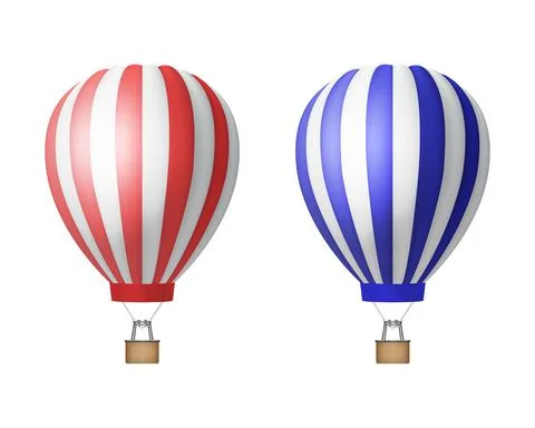 Vector 3d Realistic Striped Red and Blue Hot Air Balloon Icon Set Isolated on Stock Illustration