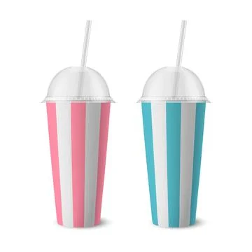 Vector 3d Realistic Striped White Paper Disposable Cup Set with Lid, Straw for Stock Illustration